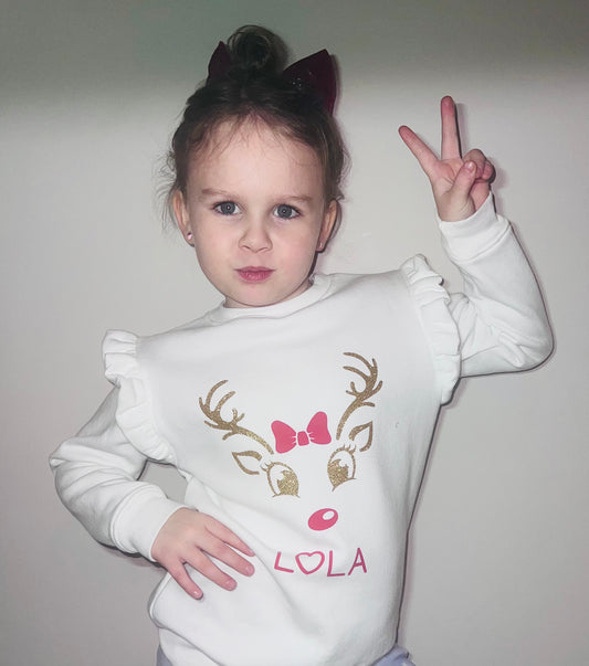 Kids Personalised reindeer frill Sweatshirt